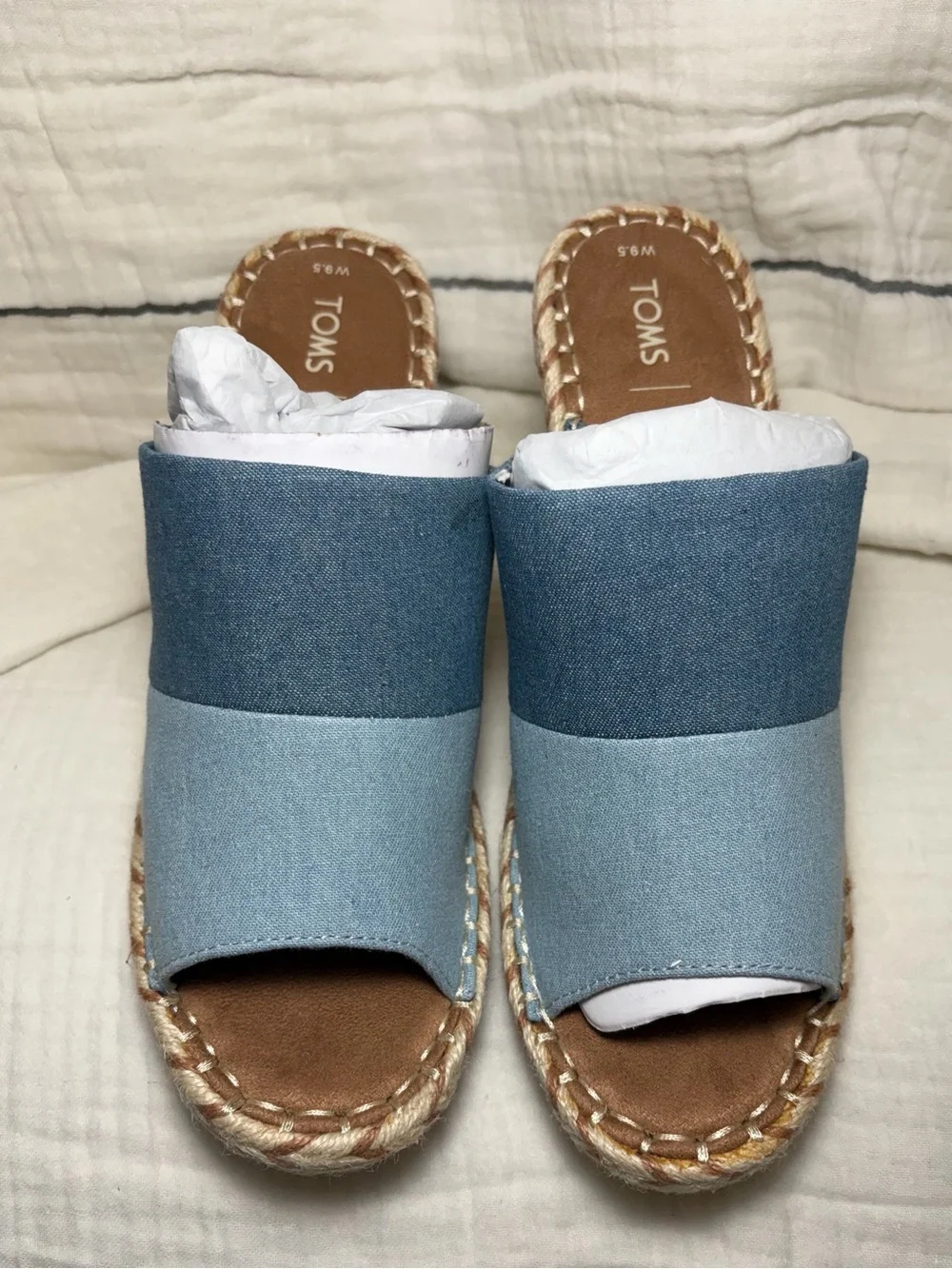 TOMS Monica Mule Wedge Sandals Blue Denim Canvas size 9.5 NWT